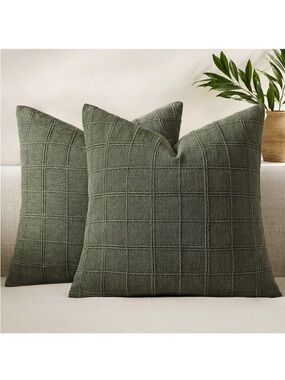 LARGE Linen Check Throw Pillow Covers SQUARE 26x26” (2-pack) OLIVE GREEN